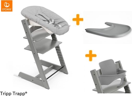 Stokke Tripp Trapp kinderstoel - Storm Grey + Newbornset + Tray en met babyset!!