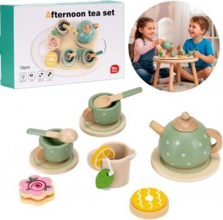 Springos ® Houten Theeservies - 13-delige Theeset met Theepot, Kopjes, Taartjes en Koekjes - Groen