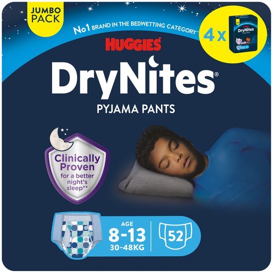 Huggies DryNites luierbroekjes - jongens - 8 tot 13 jaar (30 - 48 kg) - 52 nachtbroekjes - extra voordeel