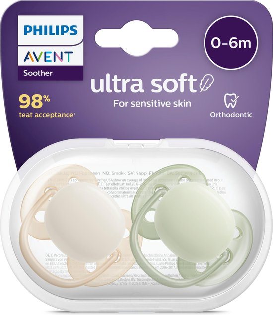 Philips Avent Ultra Soft Fopspeen - 0 tot 6 Maanden - 2 Speentjes - Beige/Lichtgroen - SCF091/05
