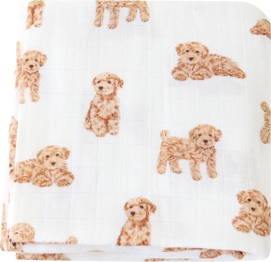 Rammelaar&Co - Hydrofiele Doek XL - 120x120 cm - 70% Bamboe & 30% Katoen - Zacht en Soepel - Puppy's Patroon - Inbakerdoek - Spuugdoek - Kraamcadeau – Inbakeren