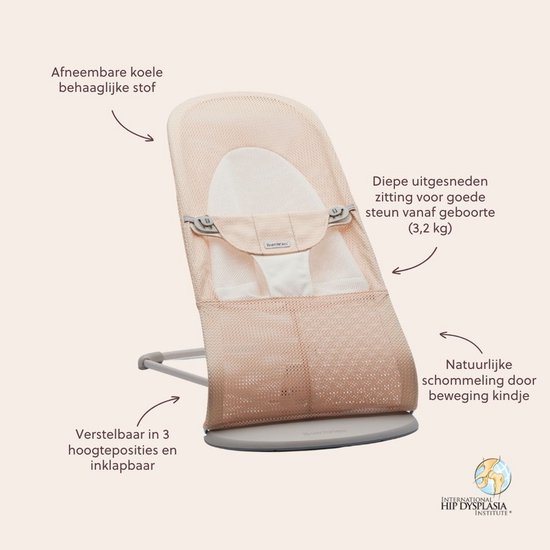 BabyBjörn Wipstoel Balance Soft - Mesh - Parelmoerroze-Wit - Ergonomisch - Verstelbaar - Inklapbaar