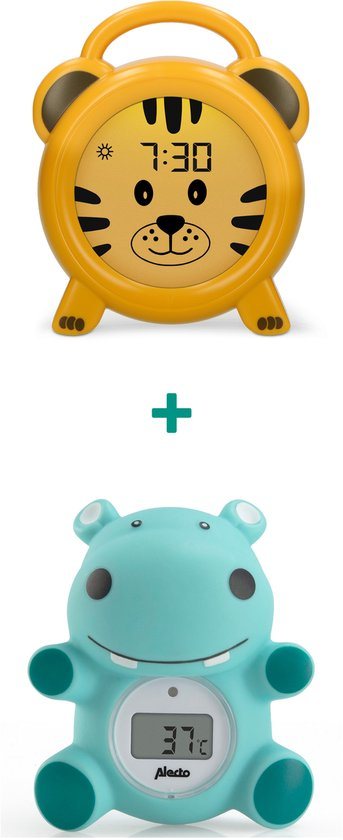 Alecto Baby Bundel - BC100TIGER Slaaptrainer met Nachtlamp en Wekker + BC-11 Hippo Bad en Kamer Thermometer