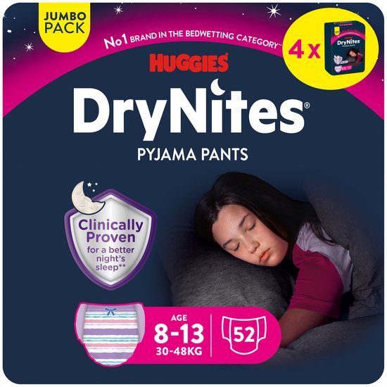 Huggies DryNites luierbroekjes - meisjes - 8 tot 13 jaar (30 - 48 kg) - 52 nachtbroekjes - extra voordeel
