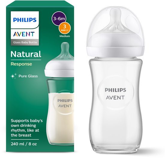 Philips Avent Natural Response Glazen Babyfles – 240ml – Flow 3 – BPS vrij- 1 fles - SCY933/01