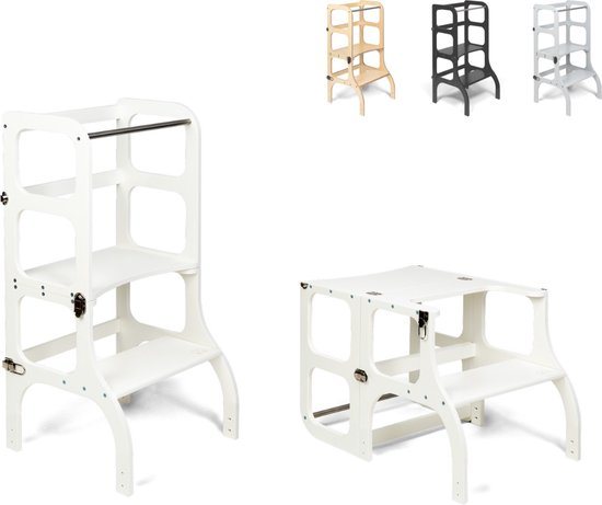 Ette Tete Step 'n Sit - Leertoren - Wit met zilveren clips - Inklapbaar tot tafel en stoel - Learning Tower - Montessori inspired - Keukentrap - Keukenhulp - Leerstoel - Veilig -Duurzaam