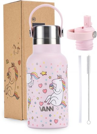 VANN 100% RVS kinderdrinkfles 2.0 - Met rietje en RVS dop - Schoolbeker en drinkfles voor kinderen in 1 - Unicorn