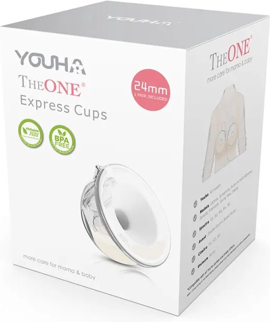 Youha Express Cups PLUS - Handsfree Kolven - Ombouwset voor Bestaande Borstkolf - Compatibel met Meerdere Merken - Dubbelzijdig Kolven - 2x 240ml Cups - Maat: 22mm & 24mm - Inclusief Ventielen & E-book