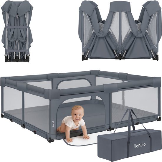 Lionelo Florence Easy Fold XL – Grondbox / Baby Box 180×200 cm – Extra Grote Box - Snel Opvouwbaar Zonder Montage – Speelbox met Zijopeningen met Rits – Ademend Gaas – Compact Op te Bergen – Inclusief Draagtas