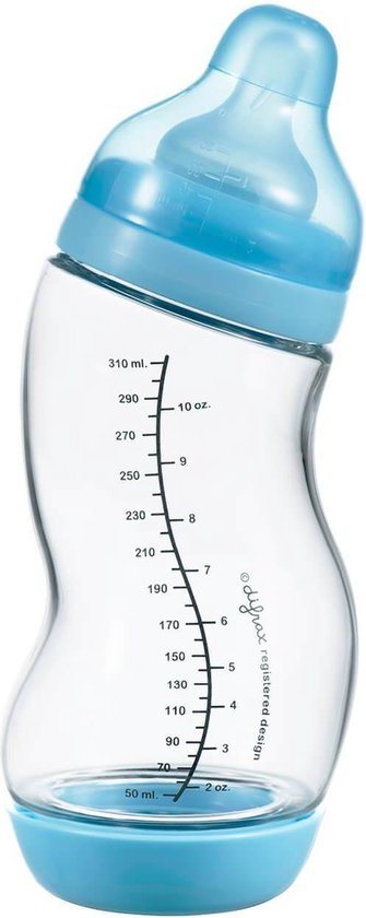 Difrax Glazen Baby S-fles 310 ml Wide - Blauw - 1 Stuk, Baby fles met Anti-Colic, S-Vorm zorgt voor constante stroom
