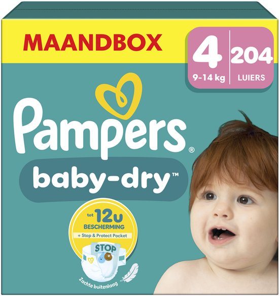 Pampers Baby-Dry Maat 4, 204 Luiers, 9kg-14kg
