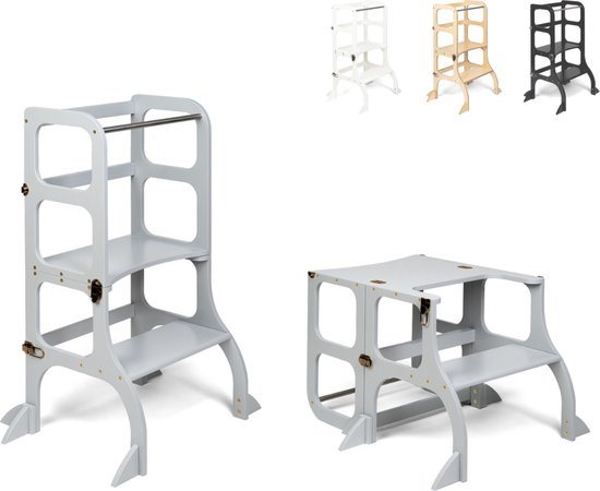 Ette Tete Step 'n Sit - Leertoren - Grijs met zilveren clips - Inklapbaar tot tafel en stoel - Met extra support - Learning Tower - Montessori inspired - Keukentrap - Keukenhulp - Leerstoel - Veilig -Duurzaam