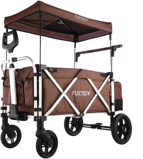FUXTEC Super Cruiser Opvouwbare Bolderkar FX-CTL900 Bruin met Dak – Inclusief Achtertas met Schoenenvak, Comfort Duwstang & 5-Puntsgordel