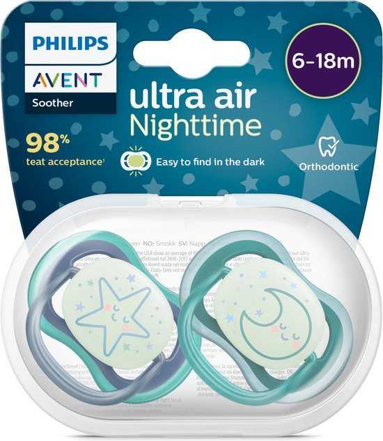 Philips Avent Ultra Air Nighttime Glow in the Dark Fopspeen - 6 tot 18 Maanden - 2 Speentjes - Donkerblauw/Donkergroen Ster/Maan - SCF376/13