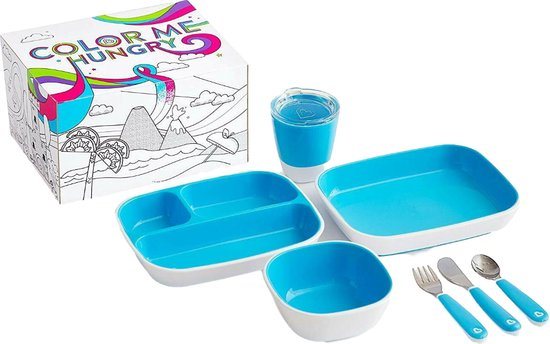 Munchkin kinderservies set - Splash ColorMe Hungry Set - Cadeauset voor Kinderen - 7-Delige Eetset - borden, kommen, lepels en vorken - Kraamcadeau - Blauw