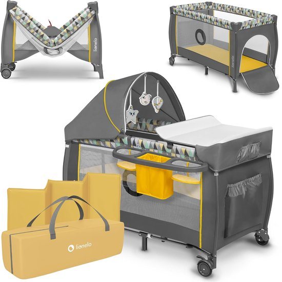 Lionelo Sven Plus 2in1 Meegroeibed & Campingbedje - 127x60 cm - Tot 15 kg - Co-Sleeper - Reisbed met Commode, Organizer, Klamboe en Interactief Speelgoed