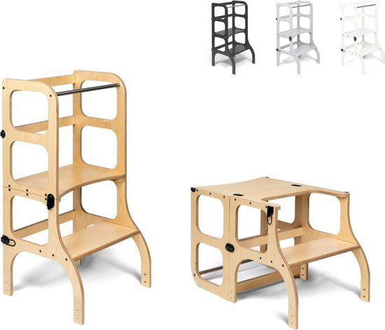 Ette Tete Step 'n Sit - Leertoren - Naturel met zilveren clips - Inklapbaar tot tafel en stoel - Learning Tower - Montessori inspired - Keukentrap - Keukenhulp - Leerstoel - Veilig -Duurzaam