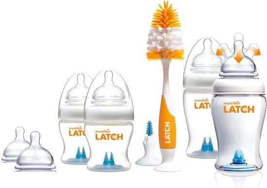 Munchkin Latch 12-delige Babyfles Starterset - 2x 120ml babyflessen - 2x 240ml Babyflessen - 2x Schoonmaakborstels - Voor pasgeborene - BPA-Vrij