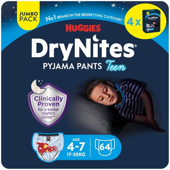 Huggies DryNites luierbroekjes - jongens - 4 tot 7 jaar (17 - 30 kg) - 64 nachtbroekjes - extra voordeel
