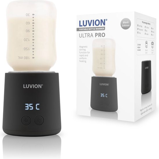 LUVION® Draagbare Flessenwarmer Ultra Pro - Zwart - Speciale roerfunctie voor gelijkmatig opwarmen van borstvoeding en mixen van kunstvoeding - Geschikt voor nagenoeg alle merken babyflesjes - Onderweg draadloos je baby fles verwarmen