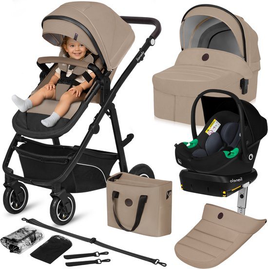 Lionelo Bianka - Kinderwagen 4 in 1 - incl. Autostoel & ISOFIX Basis - 0-22kg - XXL - Buggy 4in1 - Verstelbare Duwstang - Opvouwbaar - Accessoireset - XXL Zonnekap - Gelagerde Wielen - Reiswieg - Volledige Vering