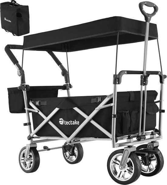 tectake® Opvouwbare Bolderkar met Dak, Remmen en Tassen – Strandkar, Outdoor Tuinkar, Transportkar tot 80 kg – Zwart