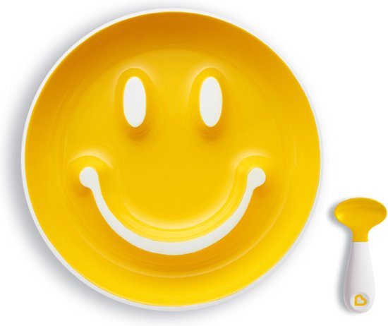 Munchkin kinderservies - Baby Bordje met zuignap en Lepel - Smile 'n Scoop - Bord met zuignap in de vorm van een smiley - BPA-vrij - 9+ maanden - Geel