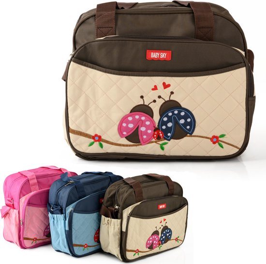 Praktische Luiertas - Baby Verzorgingstas- Inclusief Verschoningsmatje - Flessenhouder - Lieveheersbeestjes - Bruin