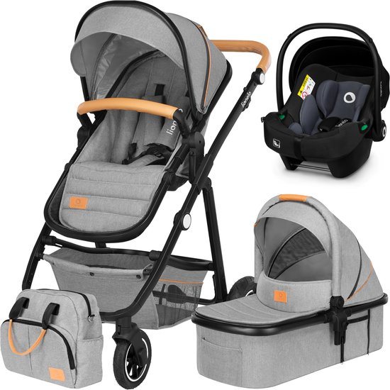 Lionelo Amber 3 in 1 Kinderwagen 3in1 - Reiswieg Buggy Baby Autostoel - ADAC geteste set - Vanaf geboorte (0-22 kg, tot 4 jaar) - Geveerde Pompwielen - Zacht Babymatras - Compact Snel Opvouwbaar - Babytas - Regenscherm - Insectennet - Autostoeltje