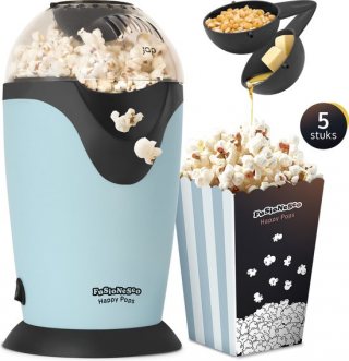JAP Appliances Happy Pops - Retro popcorn machine (2-3 personen) 1200W - Inclusief maat- en botersmeltlepel - Klaar binnen 3 minuten - Zonder olie - Blauw