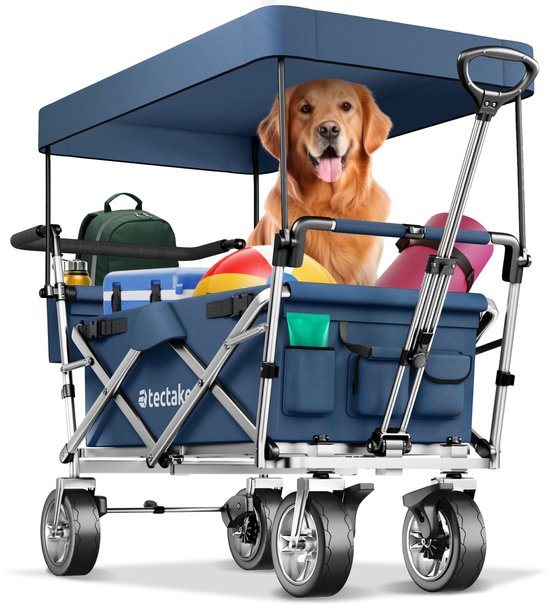 tectake® Opvouwbare Bolderkar met Dak, Remmen en Tassen – Strandkar, Outdoor Tuinkar, Transportkar tot 80 kg – Blauw