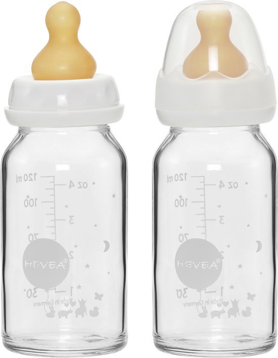 HEVEA - Glazen Drinkfles - 120ml - 2 stuks - m/speen - 0-3 mnd - Borosilicaat glas - 100% natuurrubber