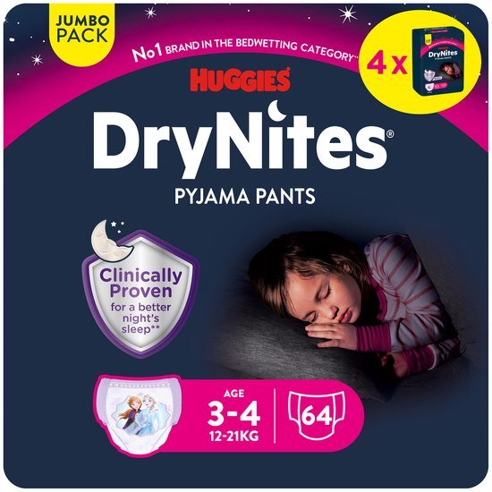 Huggies DryNites luierbroekjes - meisjes - 3 tot 4 jaar (12 - 21 kg) - 64 nachtbroekjes - extra voordeel