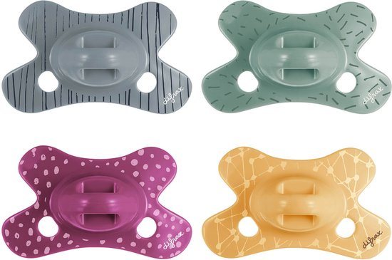 Difrax Natural Fopspeen 0 tot 6 Maanden - Grijs & Groen & Paars & Geel - 4 Stuks, Siliconen Speen, Gemakkelijk te Accepteren