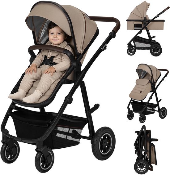 Lionelo Amber 2in1 - Kinderwagen 2 in 1 - Reiswieg + Buggy - Vanaf geboorte tot 22 kg (0-4 jaar) - Luchtbanden - Volledige Vering - Comfortabel Ligmatras - Snel Inklapbaar - Luiertas - Klamboe - Regenhoes - Verschoonmatje - Wandelwagen - Baby Peuter