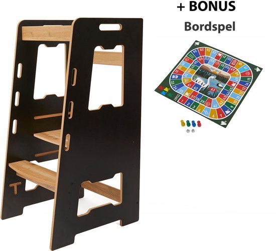 Minera® Leertoren Keukenhulp - Montessori Keukentoren - Antislip Opstapje Keuken - Leerstoel & Leer toren - Keukentrapje Peuter - Tour d'observation - Toddler Learning Tower - Kindertrap Hout - Naturel en Zwart