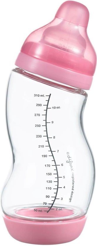 Difrax Natural Glazen S-Babyfles - 310 ml - Anti Koliek - Roze - 1 Stuk