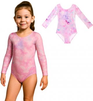 Joya Kids® Turnpakje Meisjes met Lange Mouwen Vlinder Motief met Scrunchie | Zacht Roze en Lila met Glitters en Strass Steentjes Ballet pakje | Gymnastiekpakje | Turnen | Turn Pakje | Maat 120