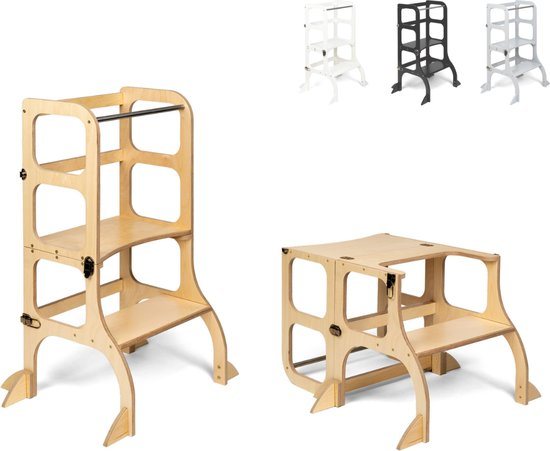 Ette Tete Step 'n Sit - Leertoren - Naturel met messing clips - Inklapbaar tot tafel en stoel - Met extra support - Learning Tower - Montessori inspired - Keukentrap - Keukenhulp - Leerstoel - Veilig -Duurzaam