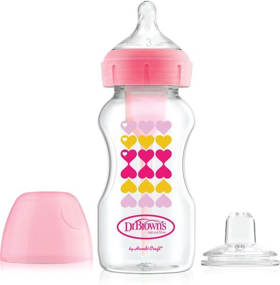 Dr. Brown’s Bottle to Sippy Starter Kit Babyfles - Brede halsfles - 270 ml - Roze