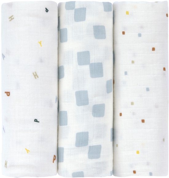 Lässig Hydrofiele luier Swaddle & Burp Doek L GOTS (3 stuks) - Happy Fruits - Blue