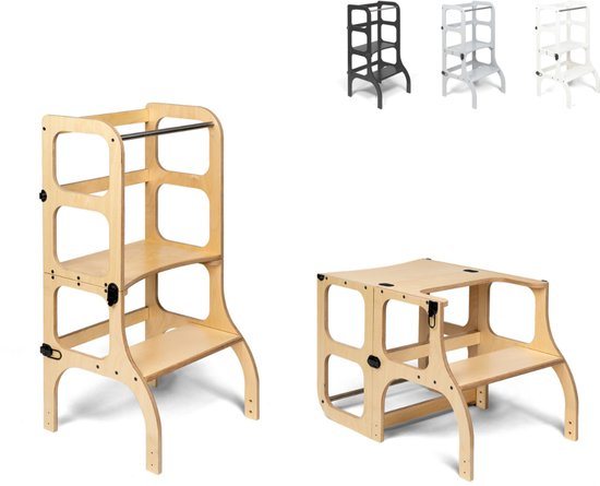 Ette Tete Step 'n Sit - Leertoren - Naturel met zwarte clips - Inklapbaar tot tafel en stoel - Learning Tower - Montessori inspired - Keukentrap - Keukenhulp - Leerstoel - Veilig -Duurzaam