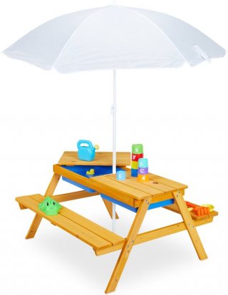 kinderpicknicktafel met parasol - 49 x 86 x 92,5 cm - zand- en watertafel - hout