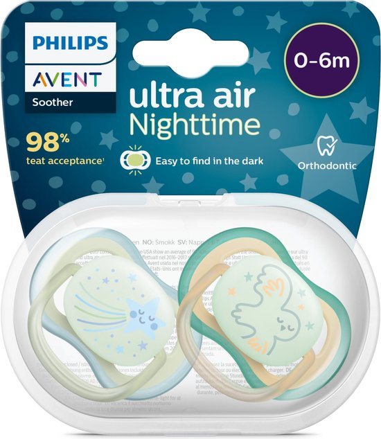 Philips Avent Ultra Air Nighttime Glow in the Dark Fopspeen - 0 tot 6 Maanden - 2 Speentjes - Groen/Oranje Ster/Uil - SCF376/18