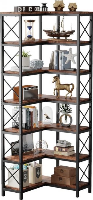 TRIBESIGNS - Boekenkast - Hoek boekenkast met 7 Planken - Industrieel Grote Hoekplank - Spaanplaat - Bruin/Zwart - 60 x 60 x 200 cm
