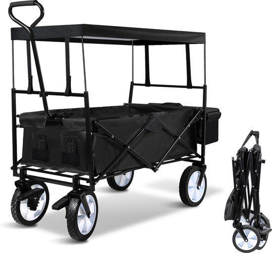 Bolderkar - Opvouwbaar - Bolderwagen - transportkar met dakje Kinderenvervoer Bolderkarren Tuinkar Kinderwagen met Duwstang Opvouwbare Draag Kar Bolder Wagen Strandkar Zwart