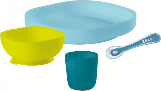 Béaba 4-delige Siliconen Maaltijdset - Bord + Kom + Beker + Lepel - Met Zuignap - Vanaf 4 maanden - Blauw/Groen