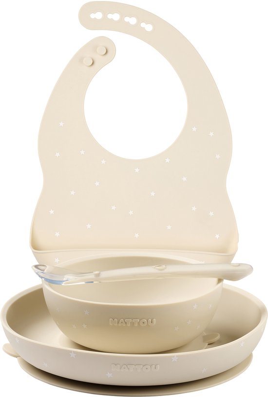 Nattou Silicone kinderservies - Baby servies - Bavet - Slabbetje - Klei met Sterren