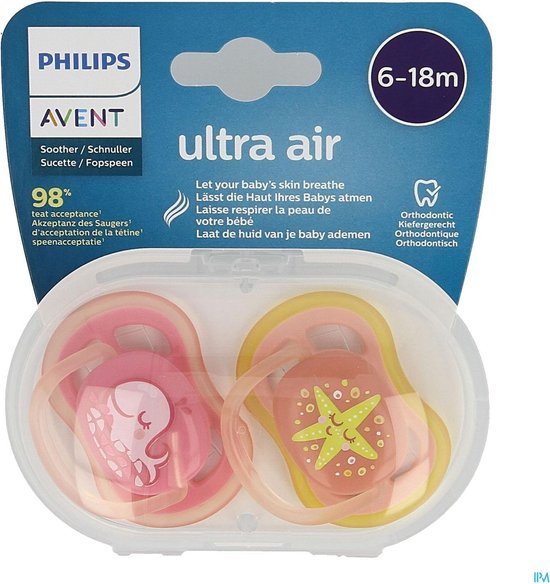 Philips Avent Ultra Air Fopspeen - 6 tot 18 Maanden - 2 Speentjes - Roze/Oranje Walvis/Zeester - SCF085/04