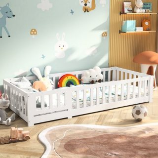 Montessori Kids bed 90 x 200 cm met deur, valbeveiliging en lattenbodem, gemaakt van massief grenenhout, zonder matras